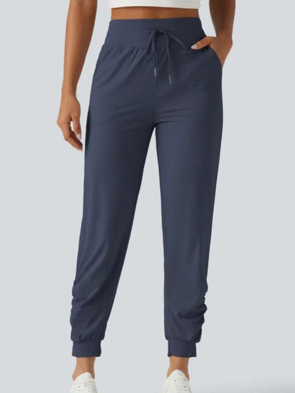 NWT Halara UltraSculpt High Waisted Drawstring Ruched Yoga Joggers Pockets Blue